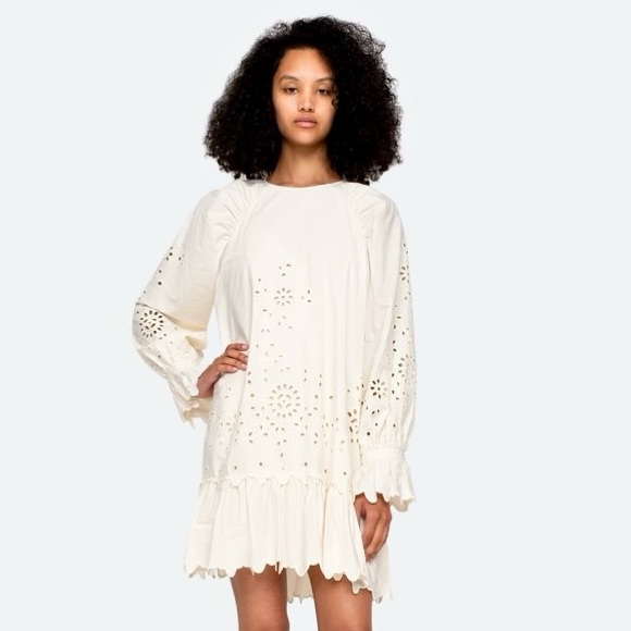 SEA NEW YORK Floral Eyelet Cotton Poplin Long‎ Puff Sleeve Ruffle Hem Dress XS - Picture 6 of 10